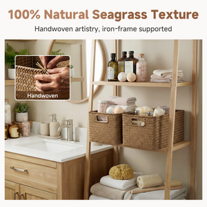 Rectangular Flat Seagrass Basket with Built-in Handles, Set of 2