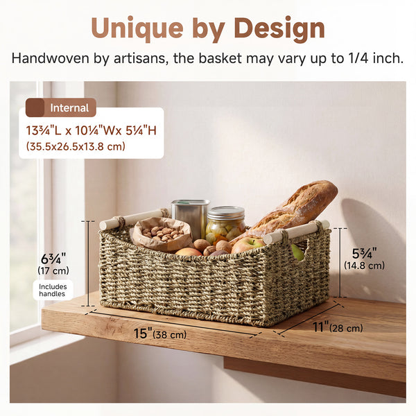 Seagrass Curved-Side Basket with Wood Handles