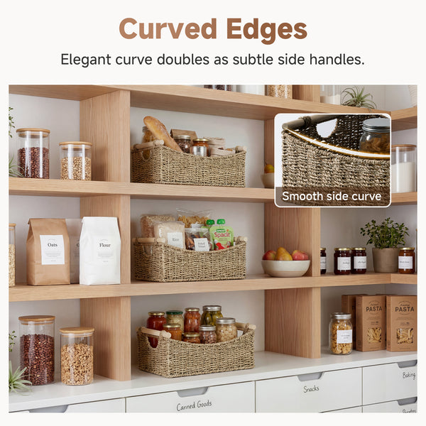 Seagrass Curved-Side Basket with Wood Handles