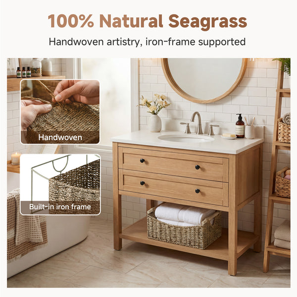 Seagrass Curved-Side Basket with Wood Handles
