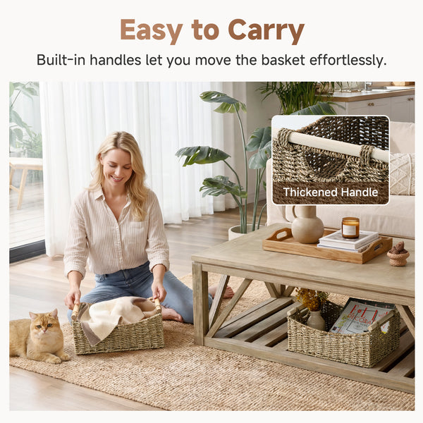 Seagrass Curved-Side Basket with Wood Handles