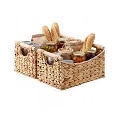 Water Hyacinth Curved-Side Basket with Wood Handles, Set of 2