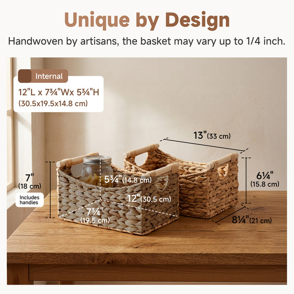 Water Hyacinth Curved-Side Basket with Wood Handles, Set of 2