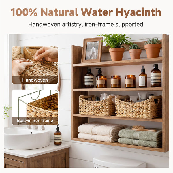 Water Hyacinth Curved-Side Basket with Wood Handles, Set of 2