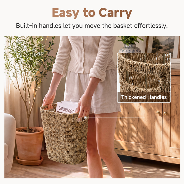Handwoven Seagrass Trash Can with Built-in Handles