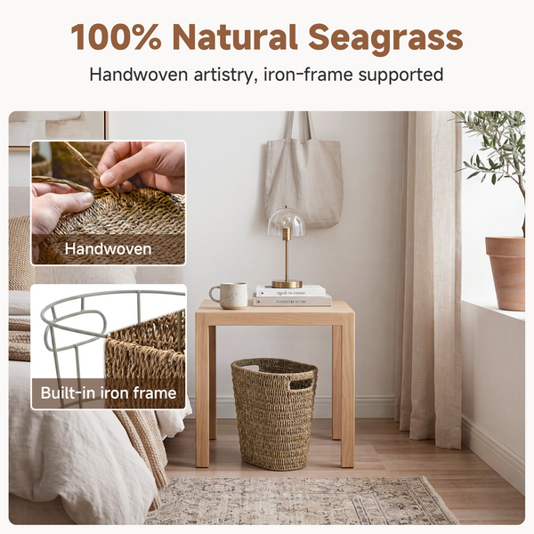 Handwoven Seagrass Trash Can with Built-in Handles