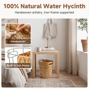 Handwoven Water Hyacinth Trash Can with Built-in Handles
