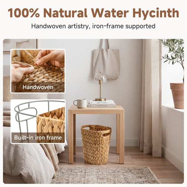 Handwoven Water Hyacinth Trash Can with Built-in Handles