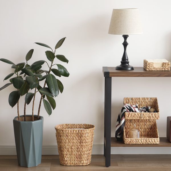 Handwoven Water Hyacinth Trash Can with Built-in Handles