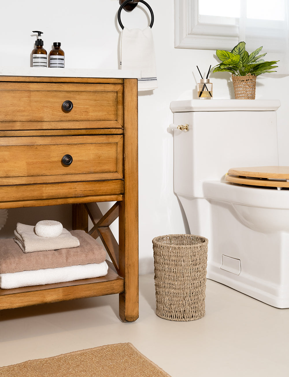 Wicker Garbage Can for Bedroom and Bathroom, Seagrass