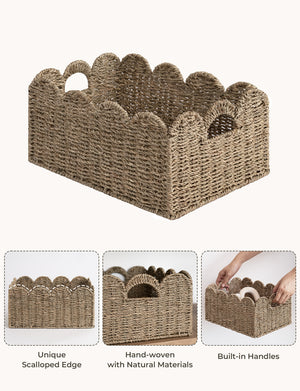 Scalloped Edge Wicker Basket for Organizing, Seagrass