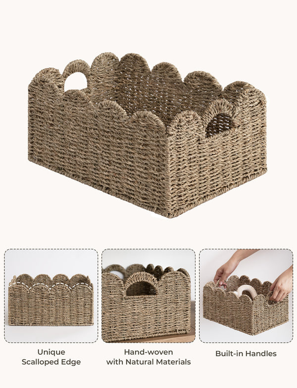 Scalloped Edge Wicker Basket for Organizing, Seagrass