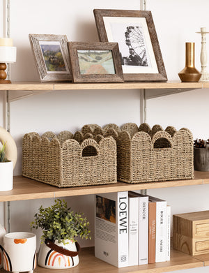 Scalloped Edge Wicker Basket for Organizing, Seagrass