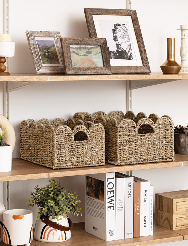 Scalloped Edge Wicker Basket for Organizing, Seagrass