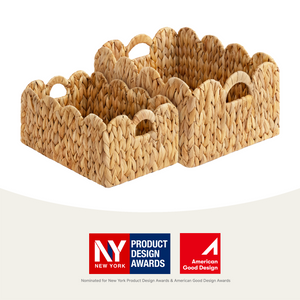 Water Hyacinth Scalloped Baskets with Built-in Handles, Set of 2