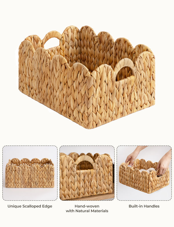 Scalloped Edge Wicker Basket for Organizing, Water Hyacinth