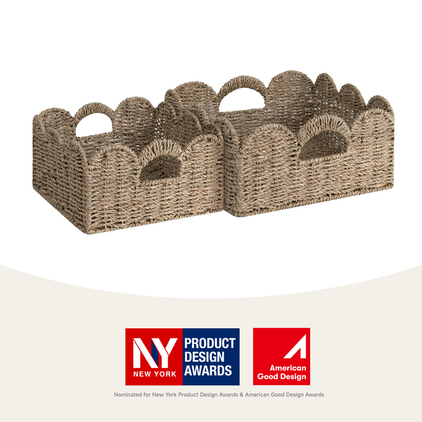 Handwoven Seagrass Scalloped Baskets with Built-in Handles, Set of 2