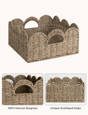Scalloped Edge Wicker Basket for Organizing, Seagrass