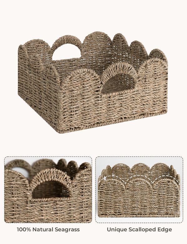 Scalloped Edge Wicker Basket for Organizing, Seagrass