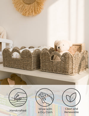 Scalloped Edge Wicker Basket for Organizing, Seagrass