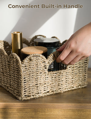 Scalloped Edge Wicker Basket for Organizing, Seagrass