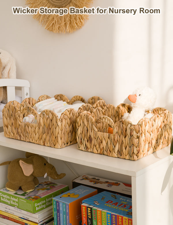 Scalloped Edge Wicker Basket for Organizing, Water Hyacinth
