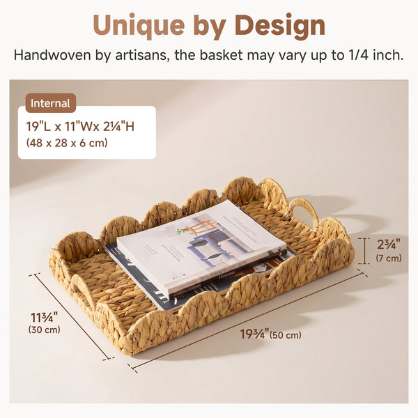 Water Hyacinth Scalloped Tray for Decorative & Organizing, Square