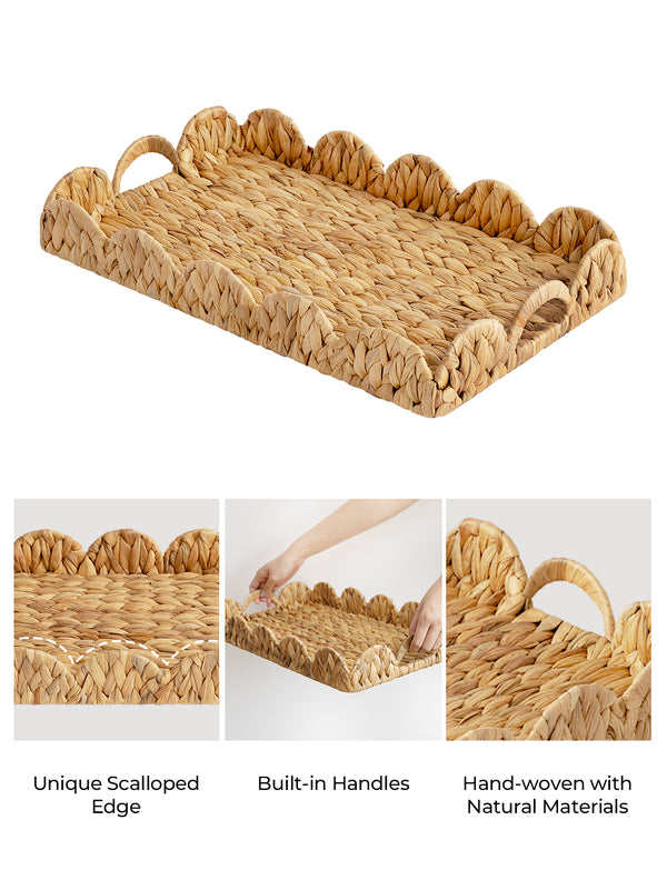 Water Hyacinth Scalloped Tray for Decorative & Organizing, Square