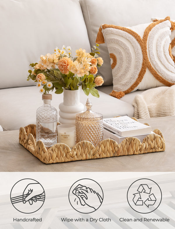 Water Hyacinth Scalloped Tray for Decorative & Organizing, Square