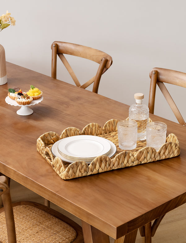 Water Hyacinth Scalloped Tray for Decorative & Organizing, Square