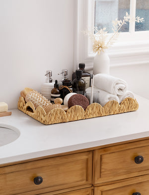 Water Hyacinth Scalloped Tray for Decorative & Organizing, Square