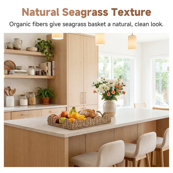 Seagrass Scalloped Tray with Handles, Rectangular