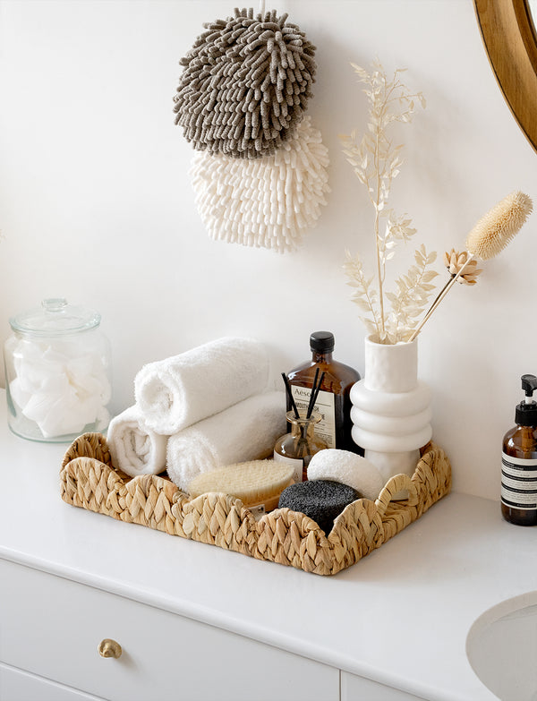 Water Hyacinth Scalloped Tray for Decorative & Organizing, Square