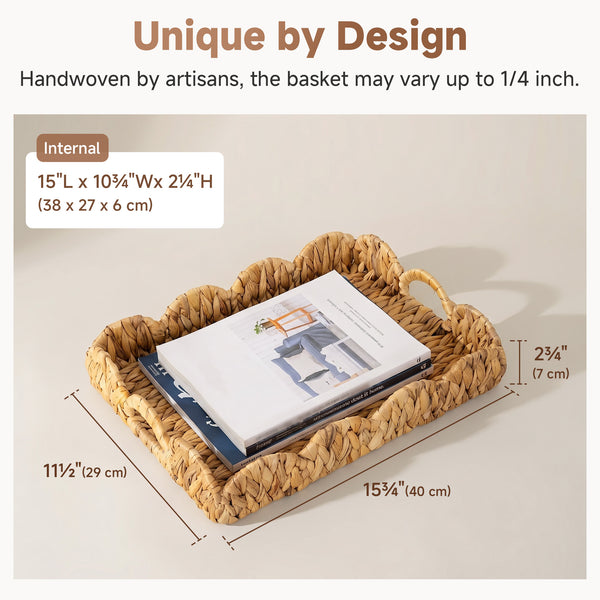 Water Hyacinth Scalloped Tray for Decorative & Organizing, Square