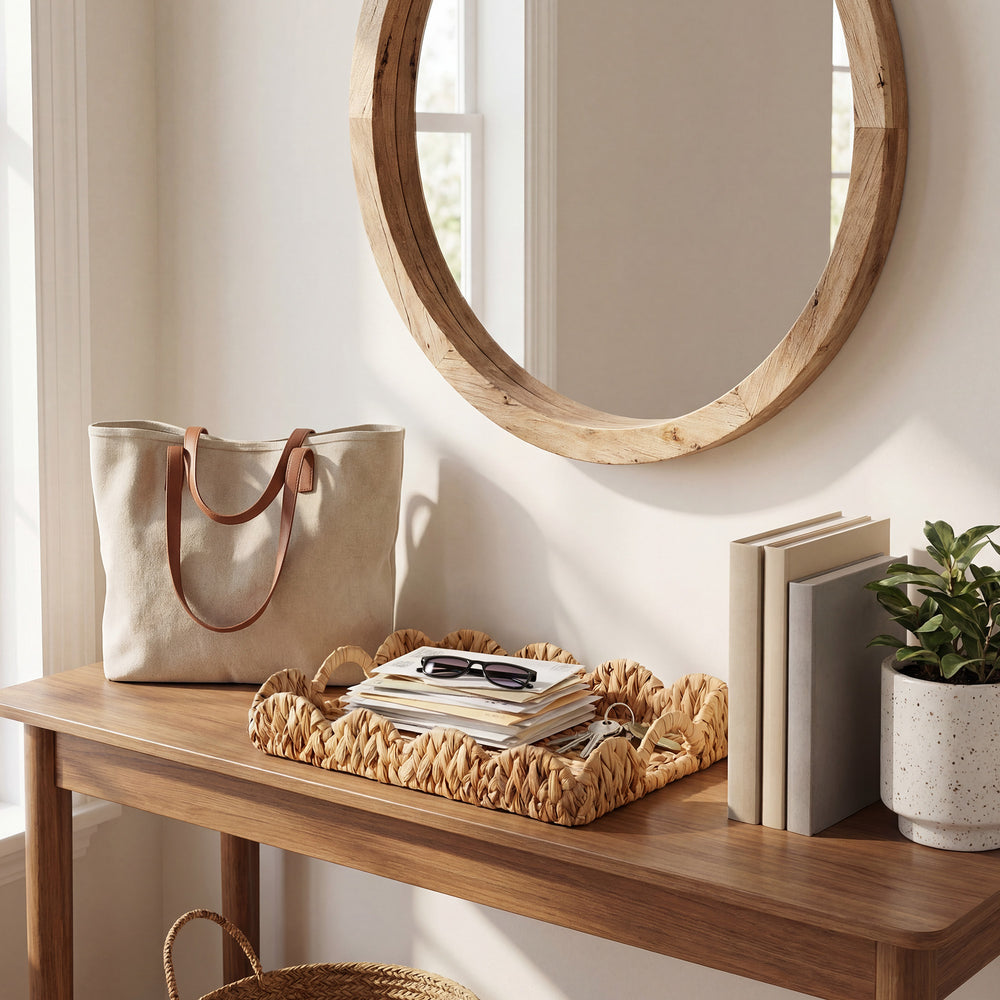 Water Hyacinth Scalloped Tray for Decorative & Organizing, Square
