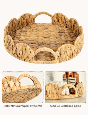 Water Hyacinth Scalloped Tray for Decorative & Organizing, Round