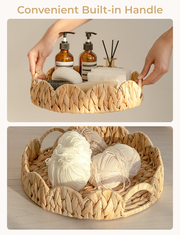 Water Hyacinth Scalloped Tray for Decorative & Organizing, Round