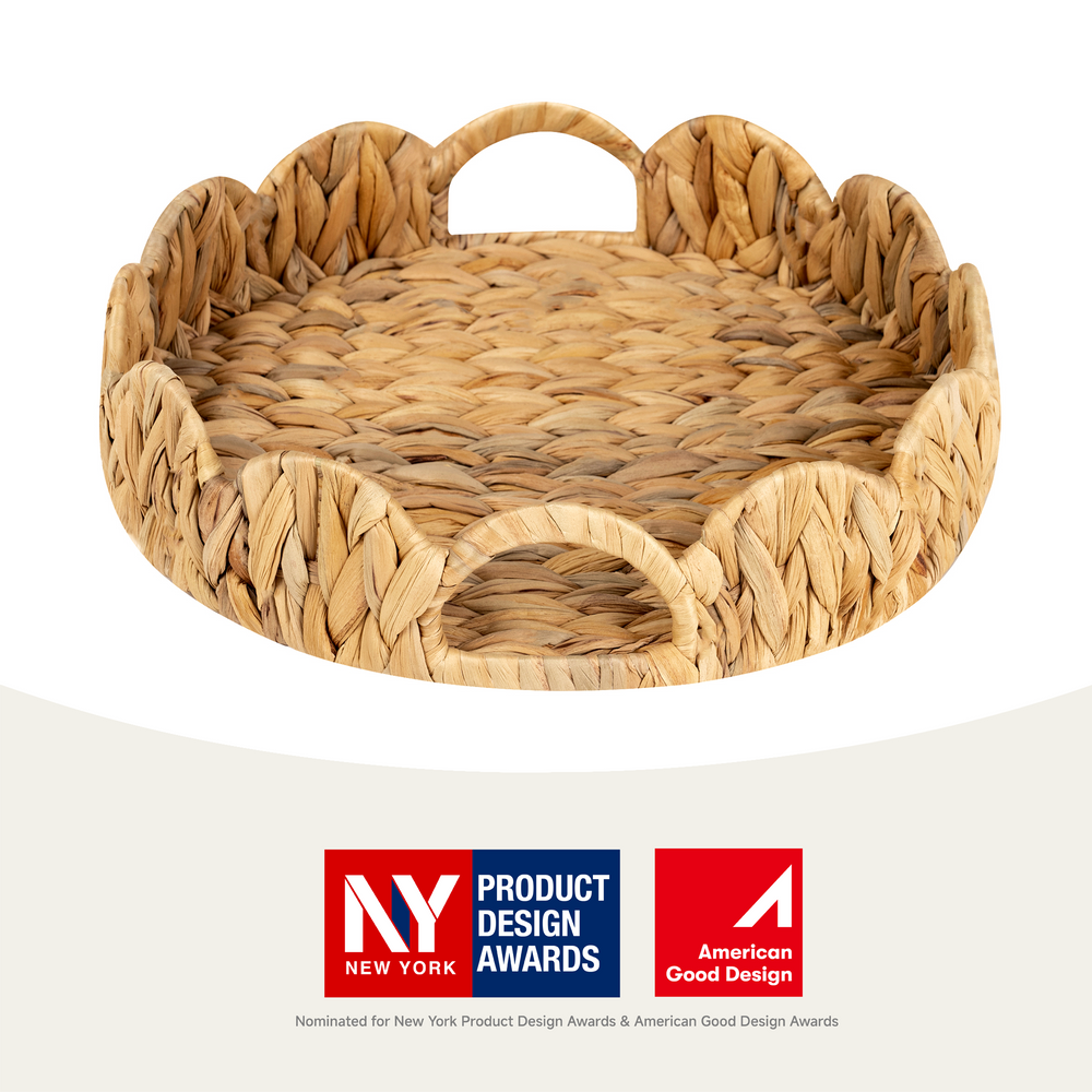 Water Hyacinth Scalloped Tray for Decorative & Organizing, Round