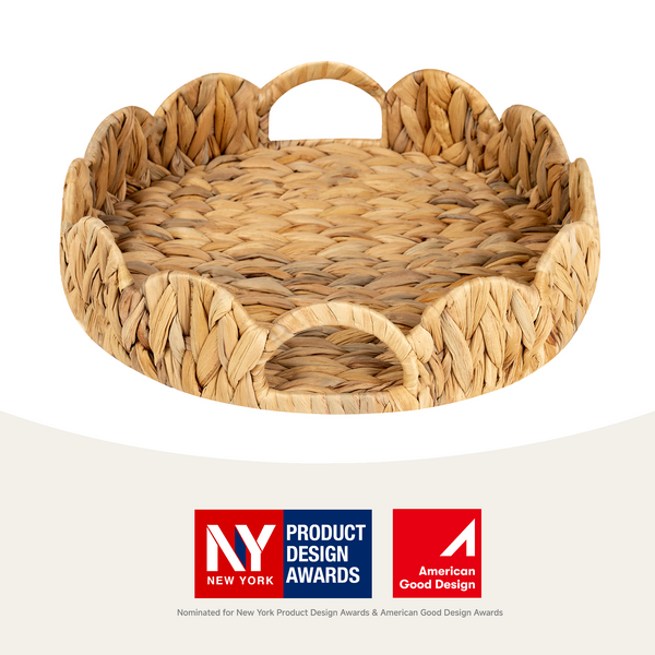 Water Hyacinth Scalloped Tray for Decorative & Organizing, Round