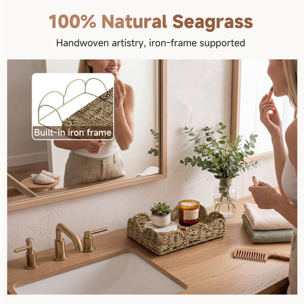 Seagrass Scalloped Tray with Handles, Rectangular