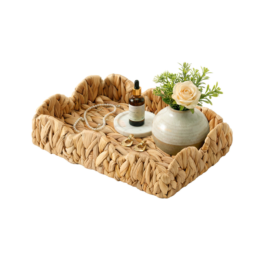 Water Hyacinth Scalloped Tray for Decorative & Organizing, Square