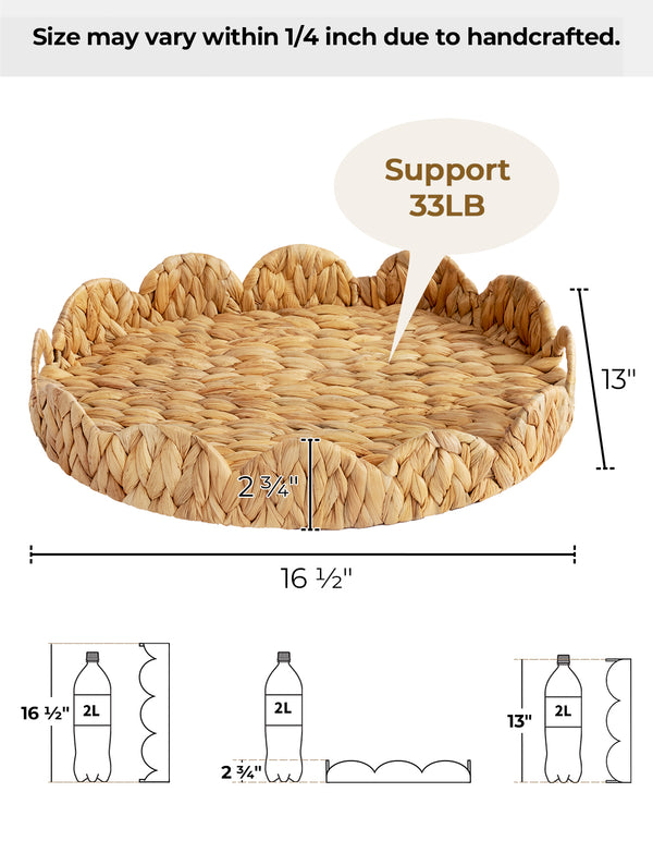 Water Hyacinth Scalloped Tray for Decorative & Organizing, Round