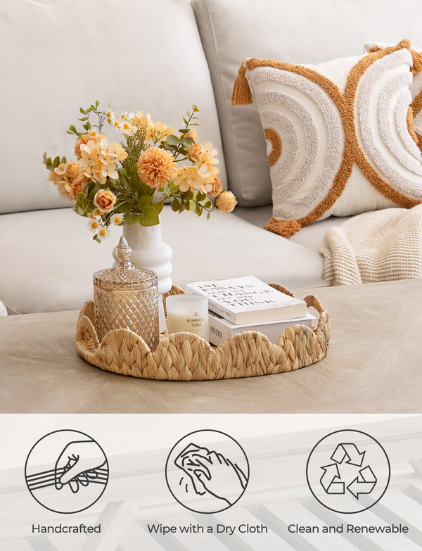 Water Hyacinth Scalloped Tray for Decorative & Organizing, Round