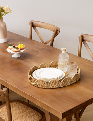 Water Hyacinth Scalloped Tray for Decorative & Organizing, Round