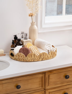 Water Hyacinth Scalloped Tray for Decorative & Organizing, Round
