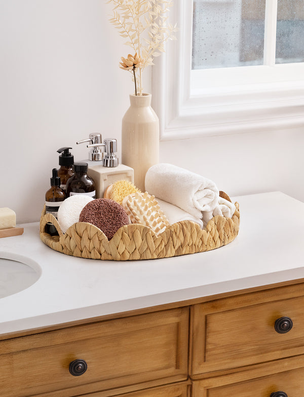 Water Hyacinth Scalloped Tray for Decorative & Organizing, Round