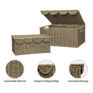Scalloped Edge Wicker Basket with Lid, Seagrass