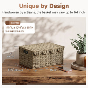 Seagrass Basket with Scalloped Lid and Built-in Handles