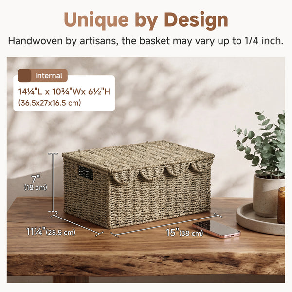 Seagrass Basket with Scalloped Lid and Built-in Handles