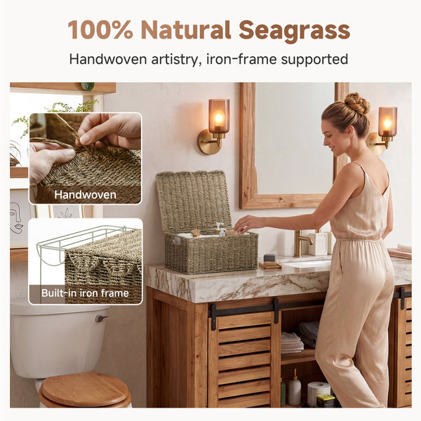 Seagrass Basket with Scalloped Lid and Built-in Handles